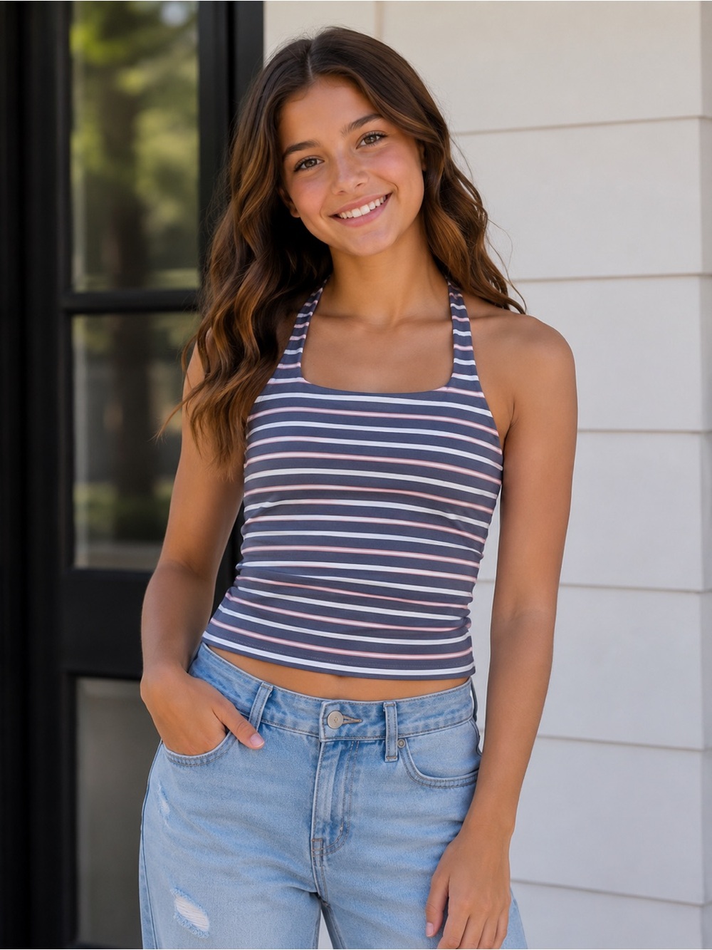 art class Navy, White & Pink Striped Tank Top